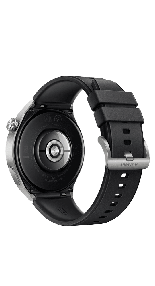 Rückansicht einer silbernen Huawei-Smartwatch mit schwarzem Kautschukarmband vor schwarzem Hintergrund.