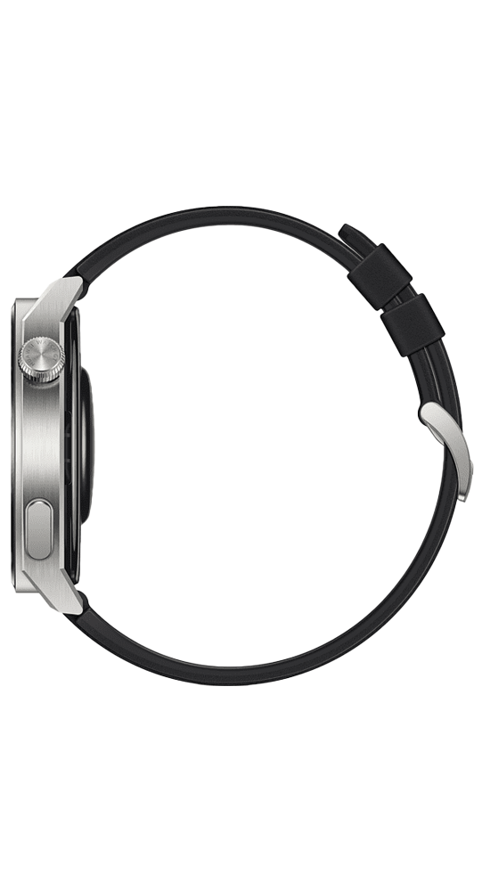 Eine silberne Smartwatch mit schwarzem Kautschukarmband, seitlich vor schwarzem Hintergrund.