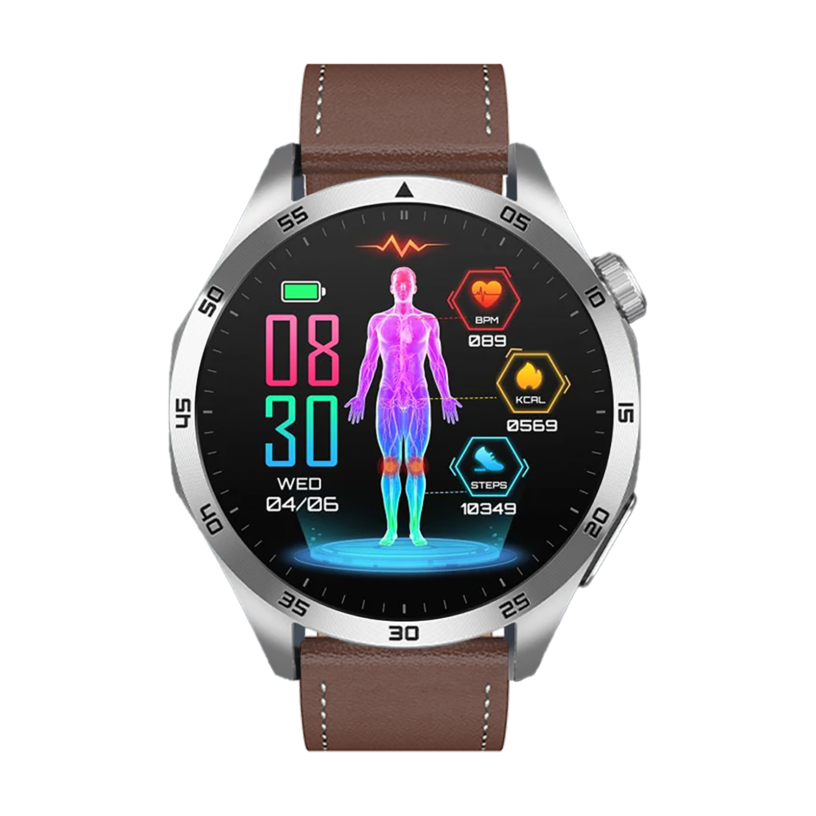 Eine Smartwatch mit silbernem Gehäuse und braunem Lederarmband zeigt biometrische Daten und einen 3D-Körperscan.