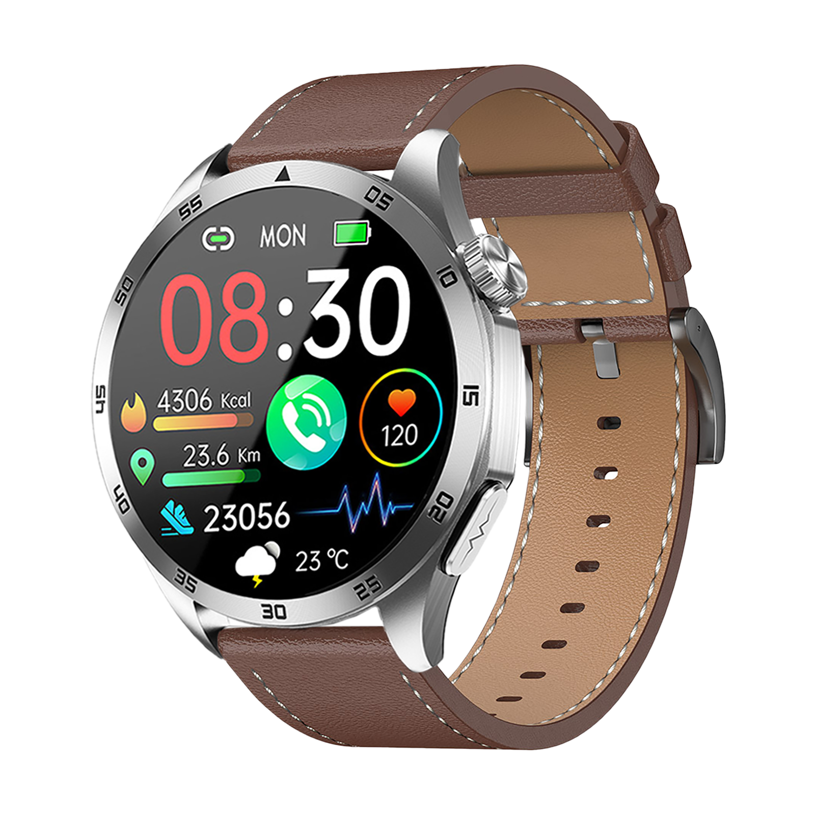 Silberne Smartwatch mit braunem Lederarmband und digitalem Zifferblatt auf schwarzem Hintergrund.