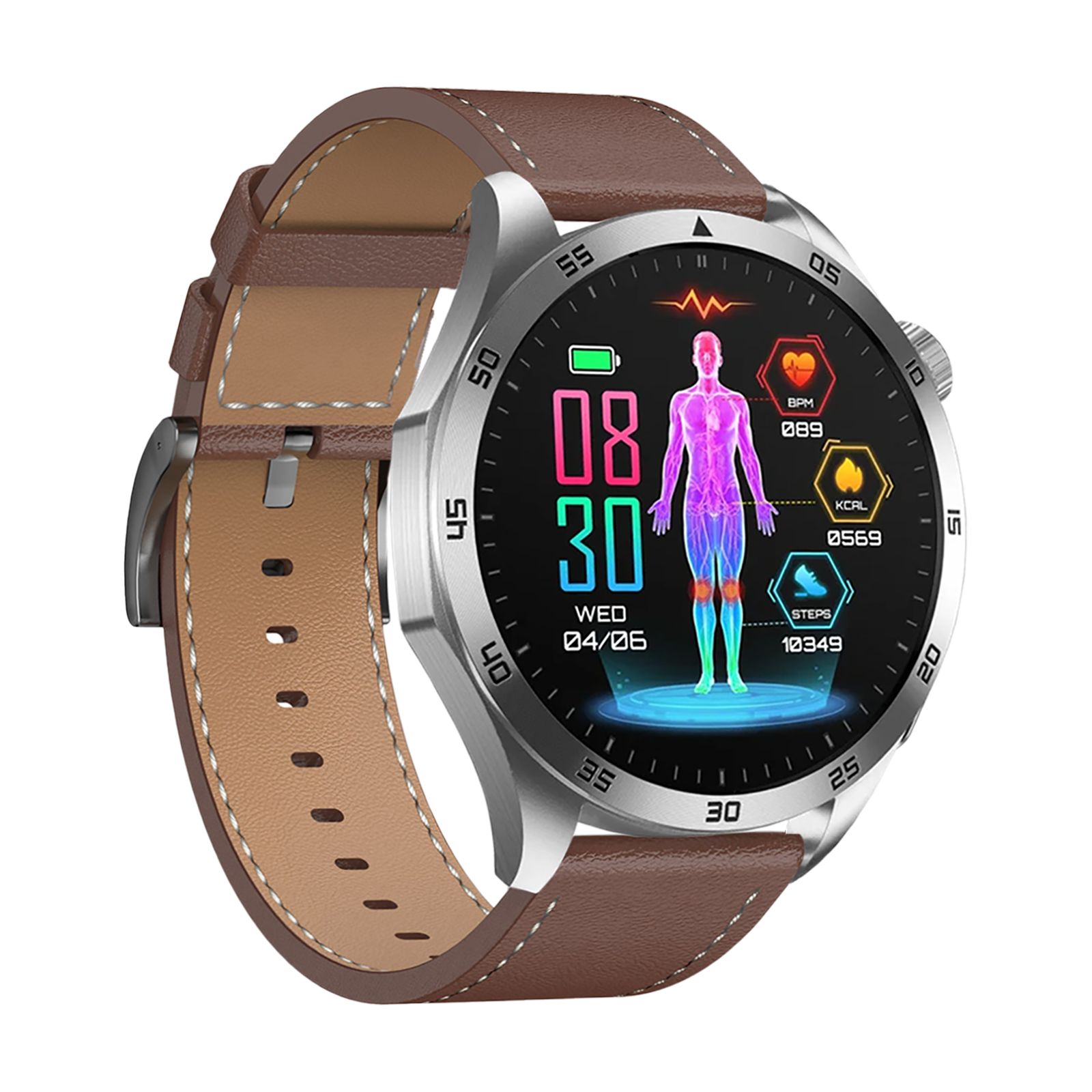 Silberne Smartwatch mit braunem Lederarmband und digitalem Display, das Gesundheitsdaten anzeigt.