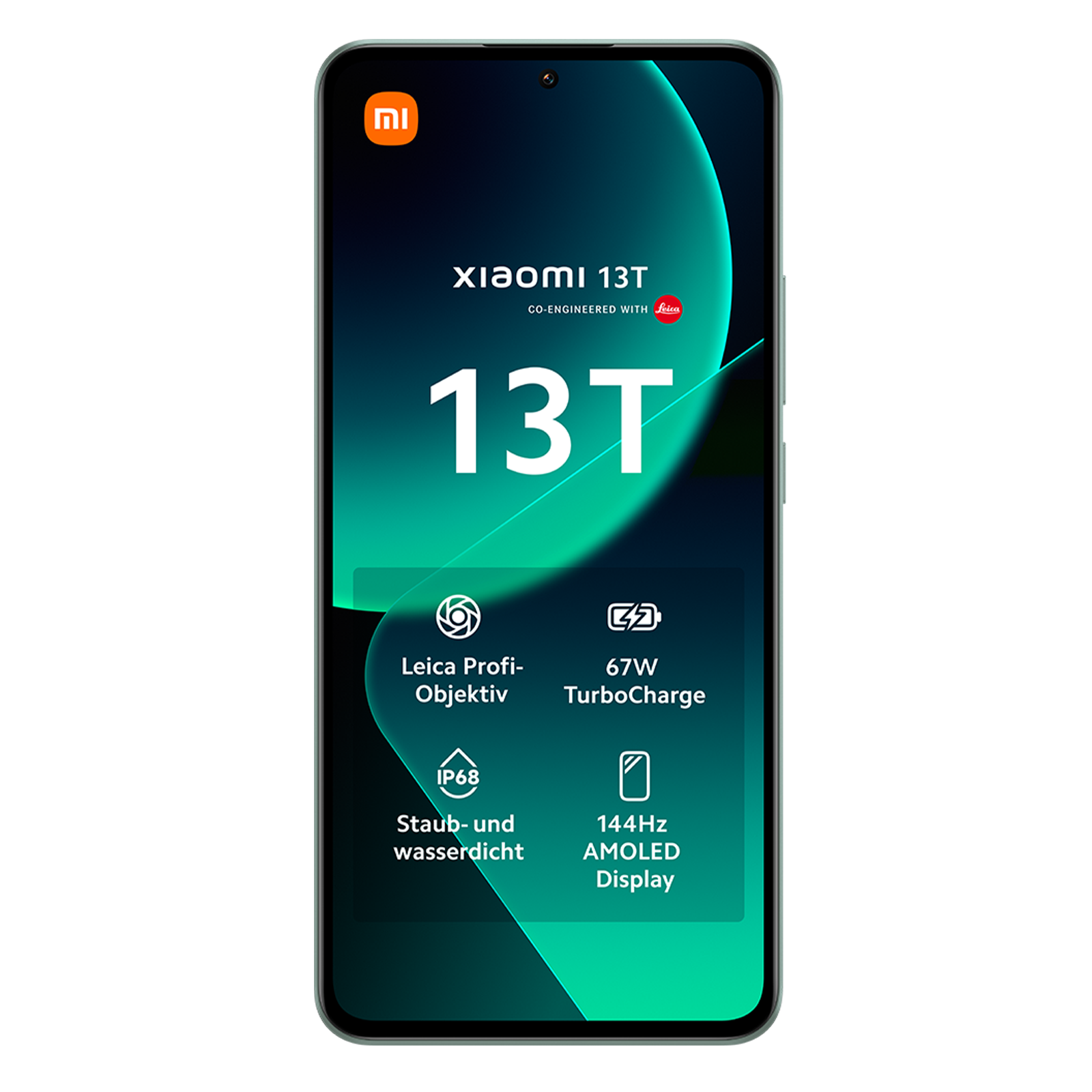 Ein Xiaomi 13T Smartphone zeigt ein grünes Display mit den Texten 13T und Leica Profi-Objektiv.