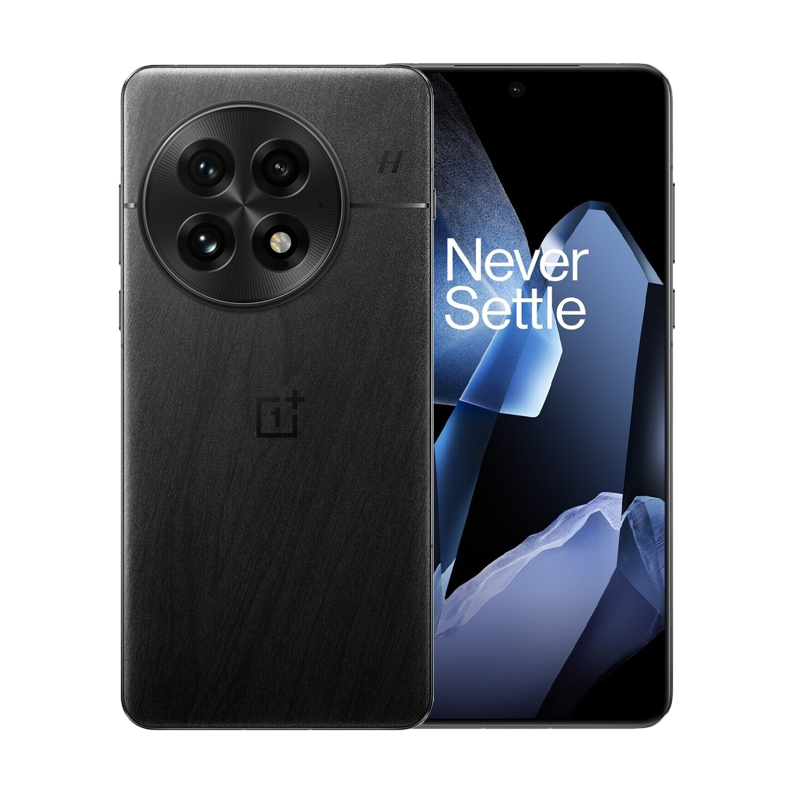 Un smartphone negro con cuatro cámaras y el texto Never Settle en la pantalla, sobre un fondo negro sólido.