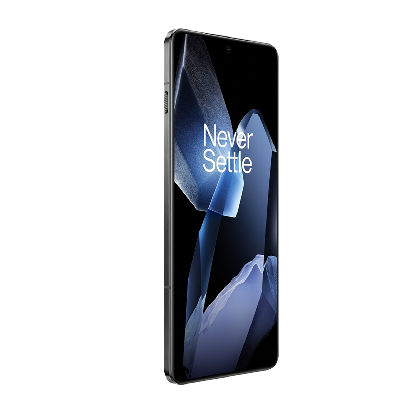 Un smartphone negro con Never Settle en la pantalla azul sobre fondo negro.