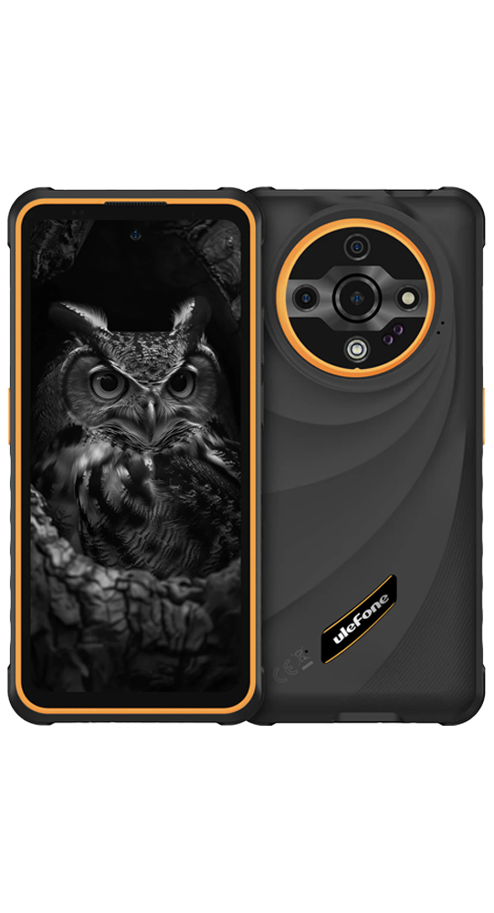 Vista frontal y trasera de un smartphone Ulefone negro con detalles amarillos y fondo de pantalla de búho.