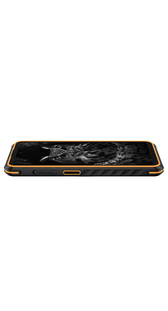 Un teléfono inteligente resistente con detalles en naranja sobre fondo negro.