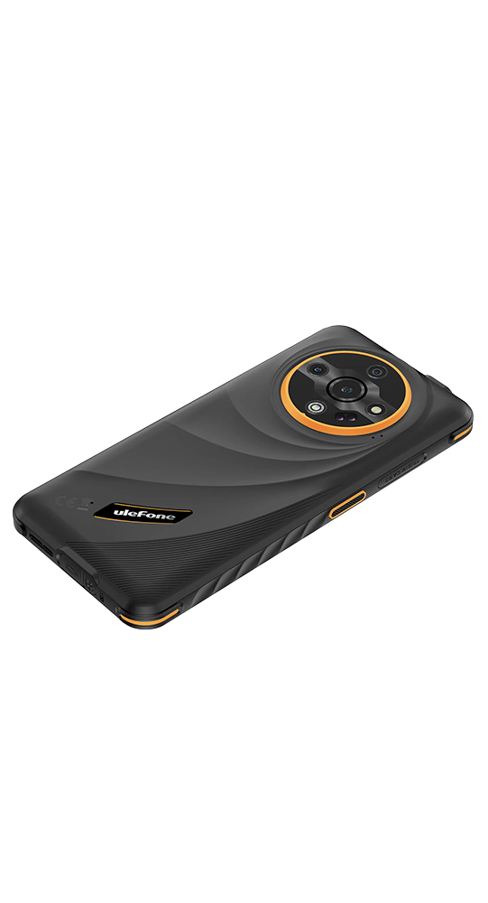 Un smartphone Ulefone negro con un módulo de cámara redondo y detalles naranjas sobre fondo negro.