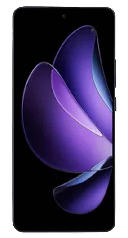 Un teléfono inteligente con un fondo de pantalla abstracto y vibrante de un pétalo morado sobre fondo negro.