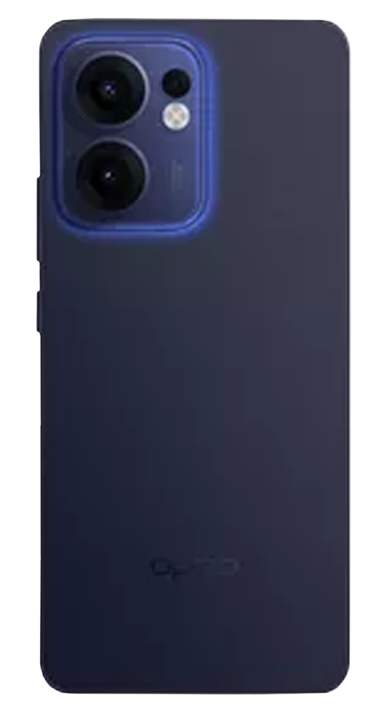 Smartphone azul oscuro con cámara dual y borde azul en la parte trasera.