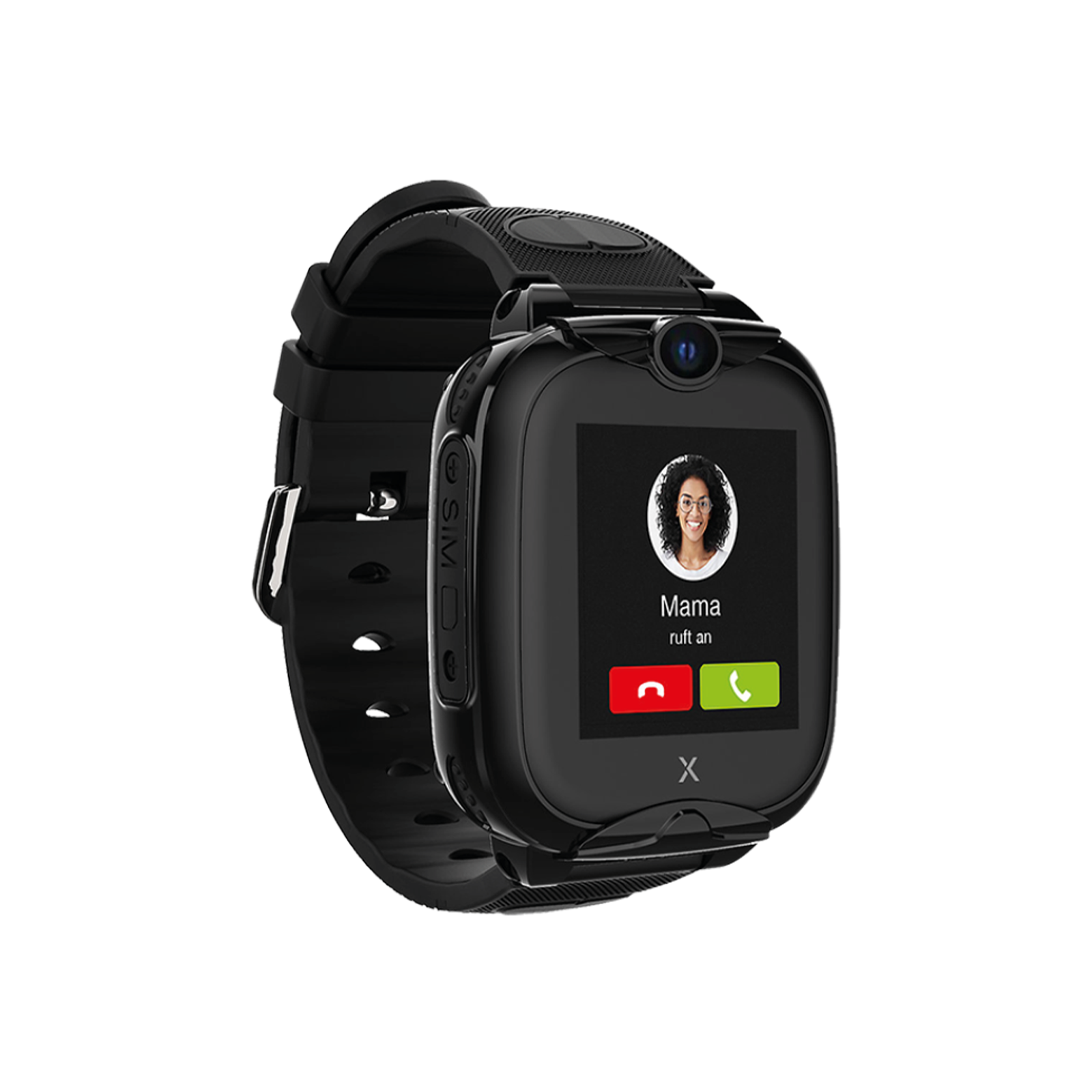 Schwarze Smartwatch mit Anrufbildschirm und Kamera oben auf schwarzem Hintergrund.