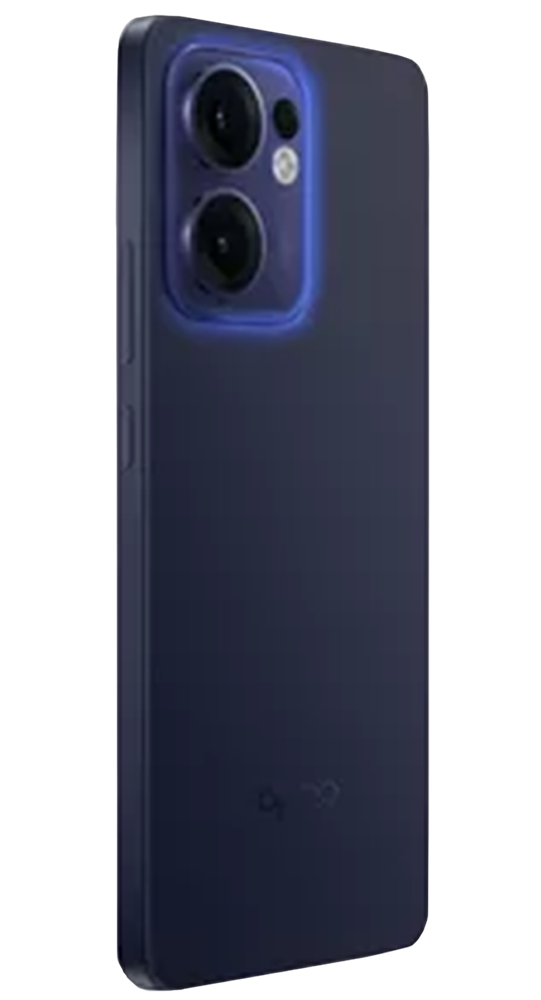 Smartphone azul oscuro con dos lentes de cámara y un anillo luminoso azul sobre fondo negro.