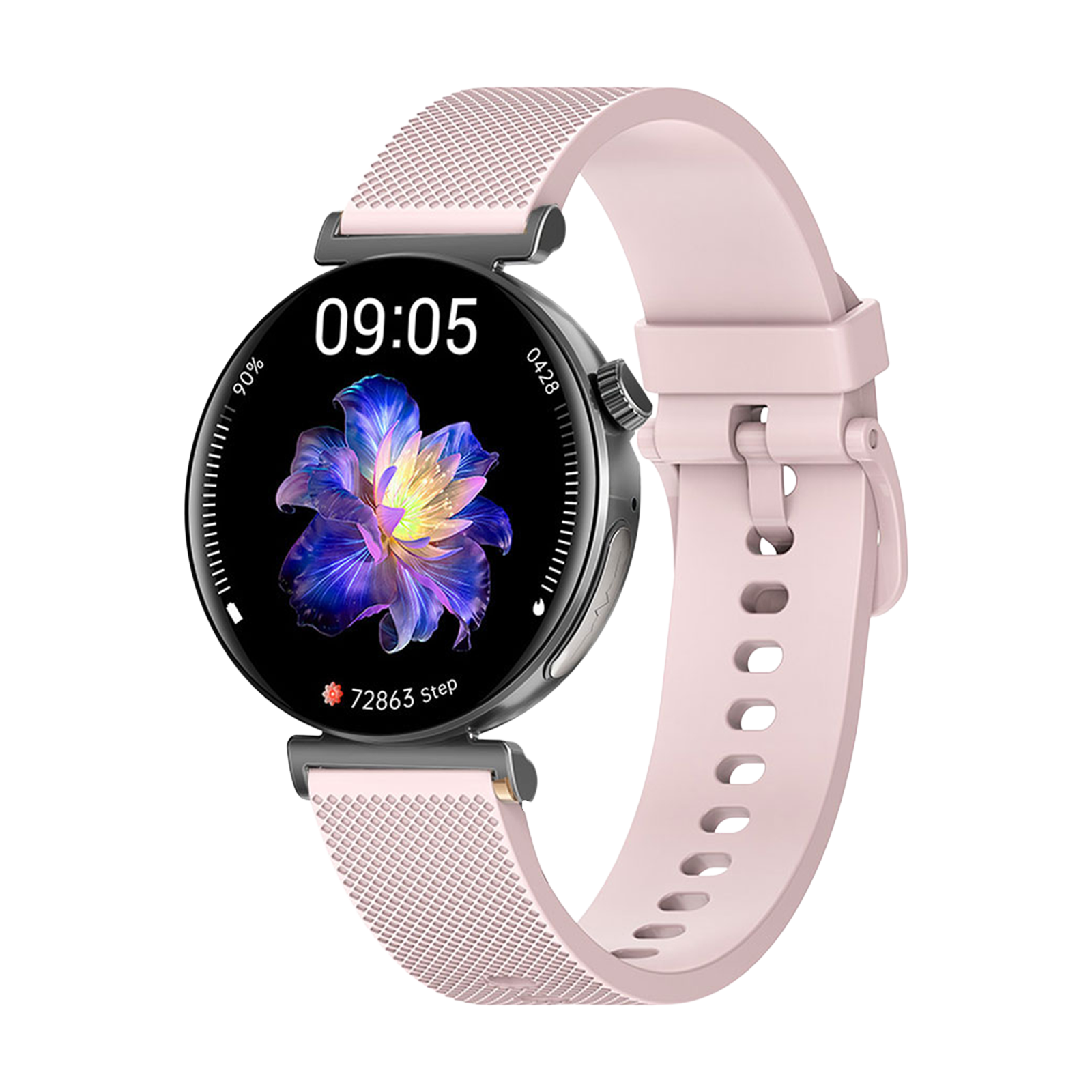 Eine runde Smartwatch mit rosa Armband und einem Zifferblatt, das eine blaue Blume zeigt.