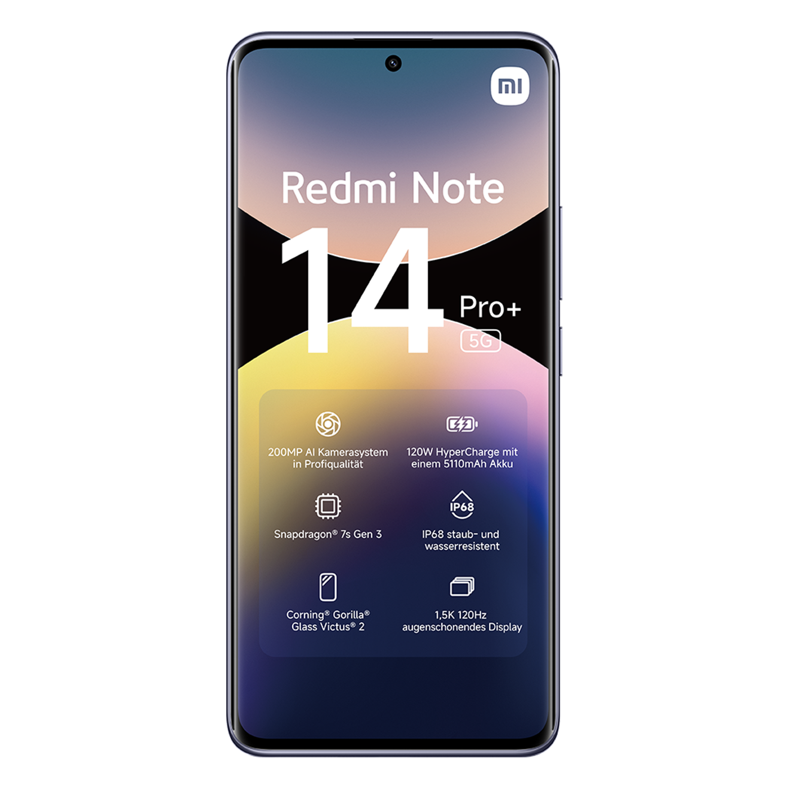 Smartfon Redmi Note 14 Pro+ 5G prezentujący specyfikacje, takie jak aparat 200MP i ładowanie 120W na czarnym tle.