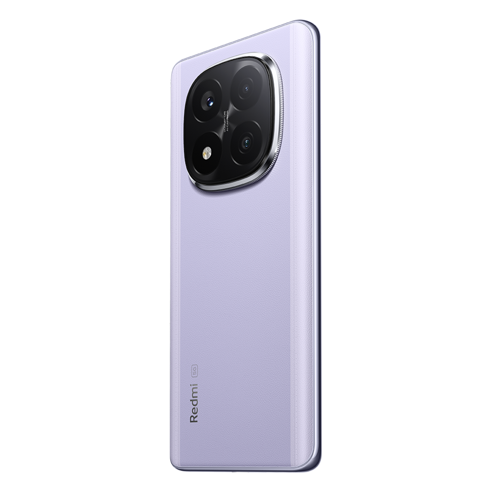 Tył jasnofioletowego smartfona Redmi 5G z dużym okrągłym modułem aparatu na czarnym tle.