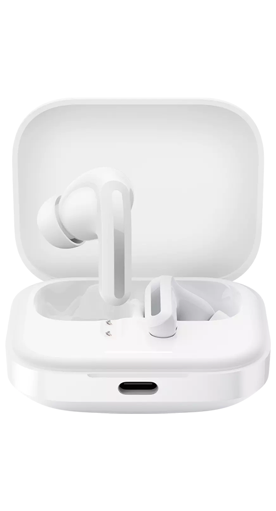 Auriculares inalámbricos blancos en un estuche de carga abierto con puerto USB-C sobre fondo negro.