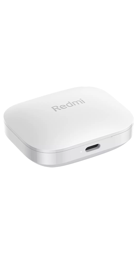 Un estuche de carga blanco para auriculares inalámbricos Redmi sobre fondo negro con puerto USB-C.