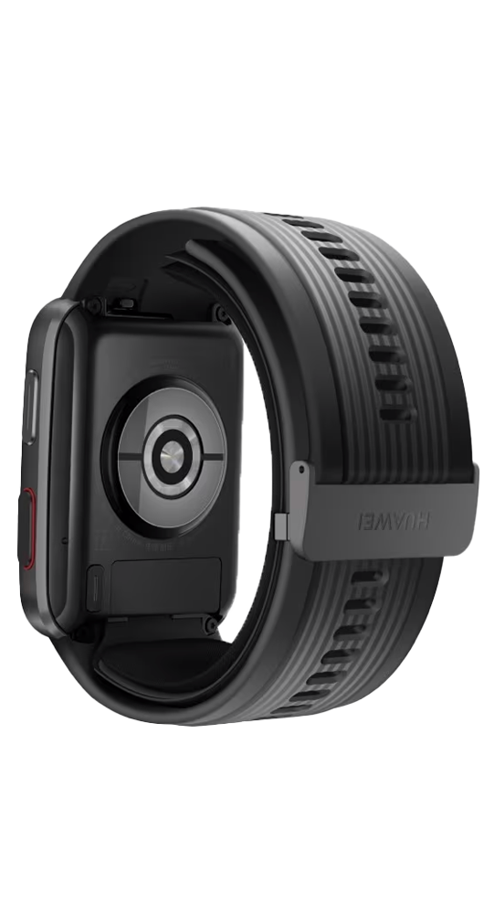 Rückseite einer schwarzen Smartwatch mit Sensorsymbol und geripptem Armband vor schwarzem Hintergrund.