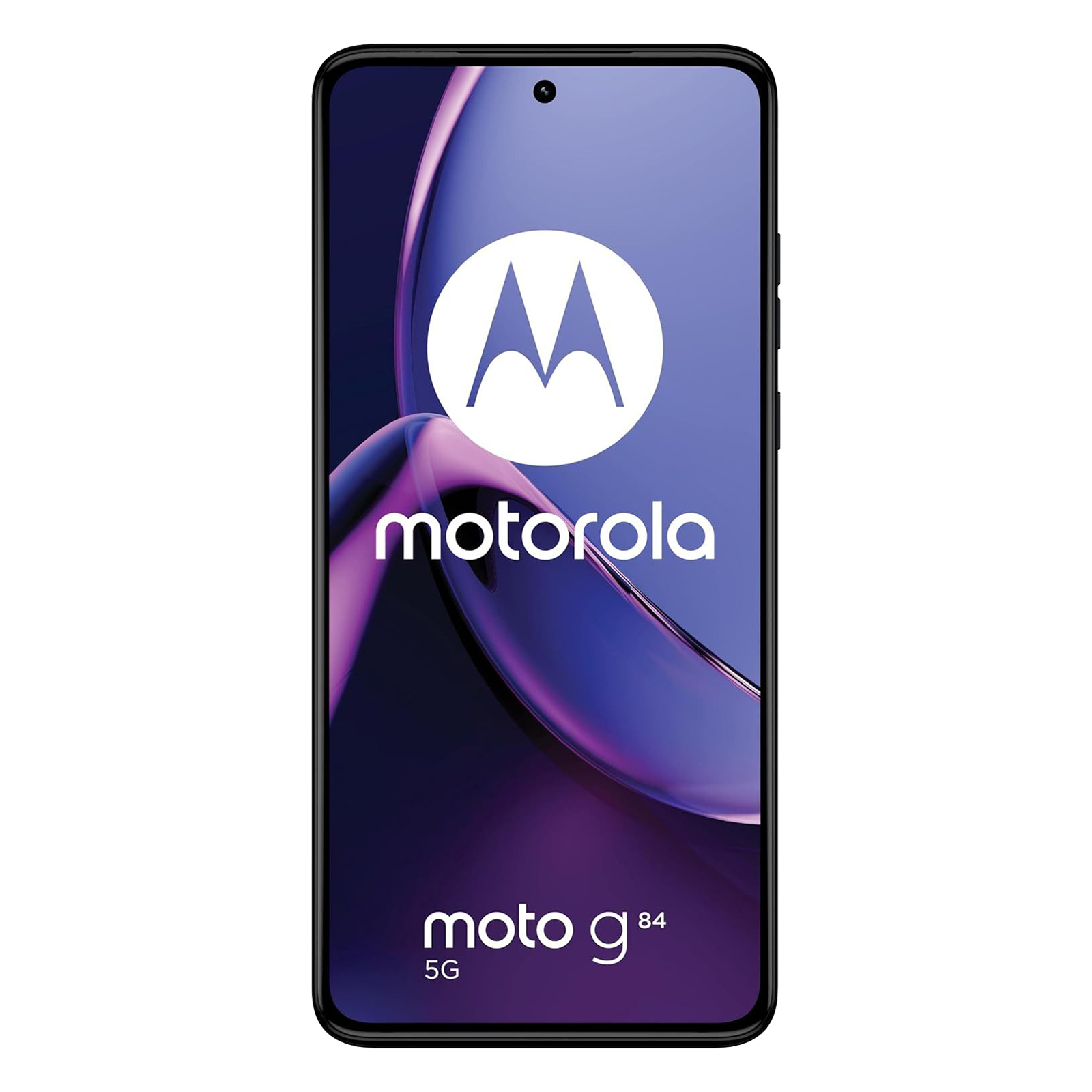 Vista frontale dello smartphone Motorola Moto g84 5G con sfondo viola e logo.