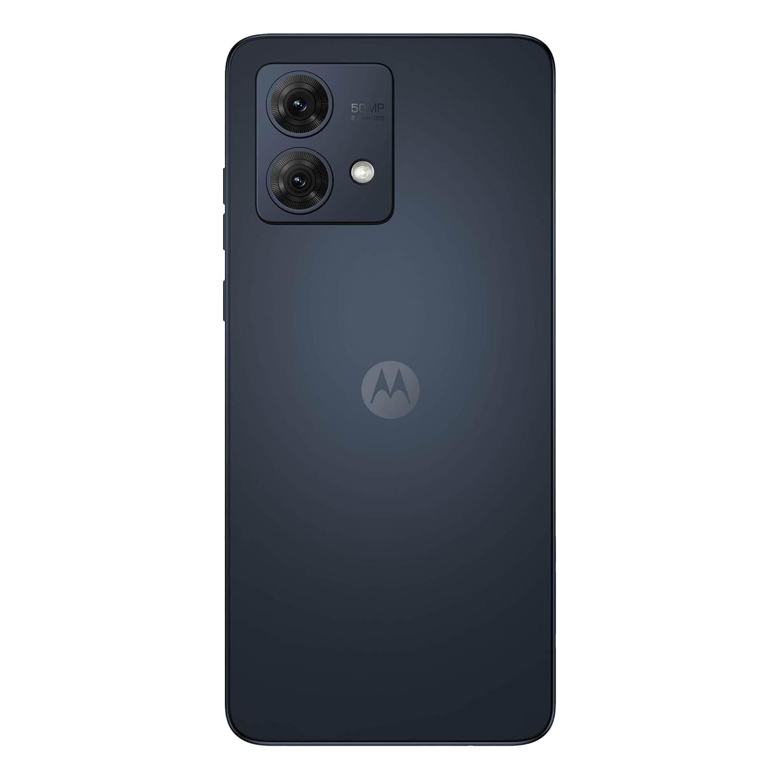 Il retro blu scuro di uno smartphone Motorola con doppia fotocamera e logo.