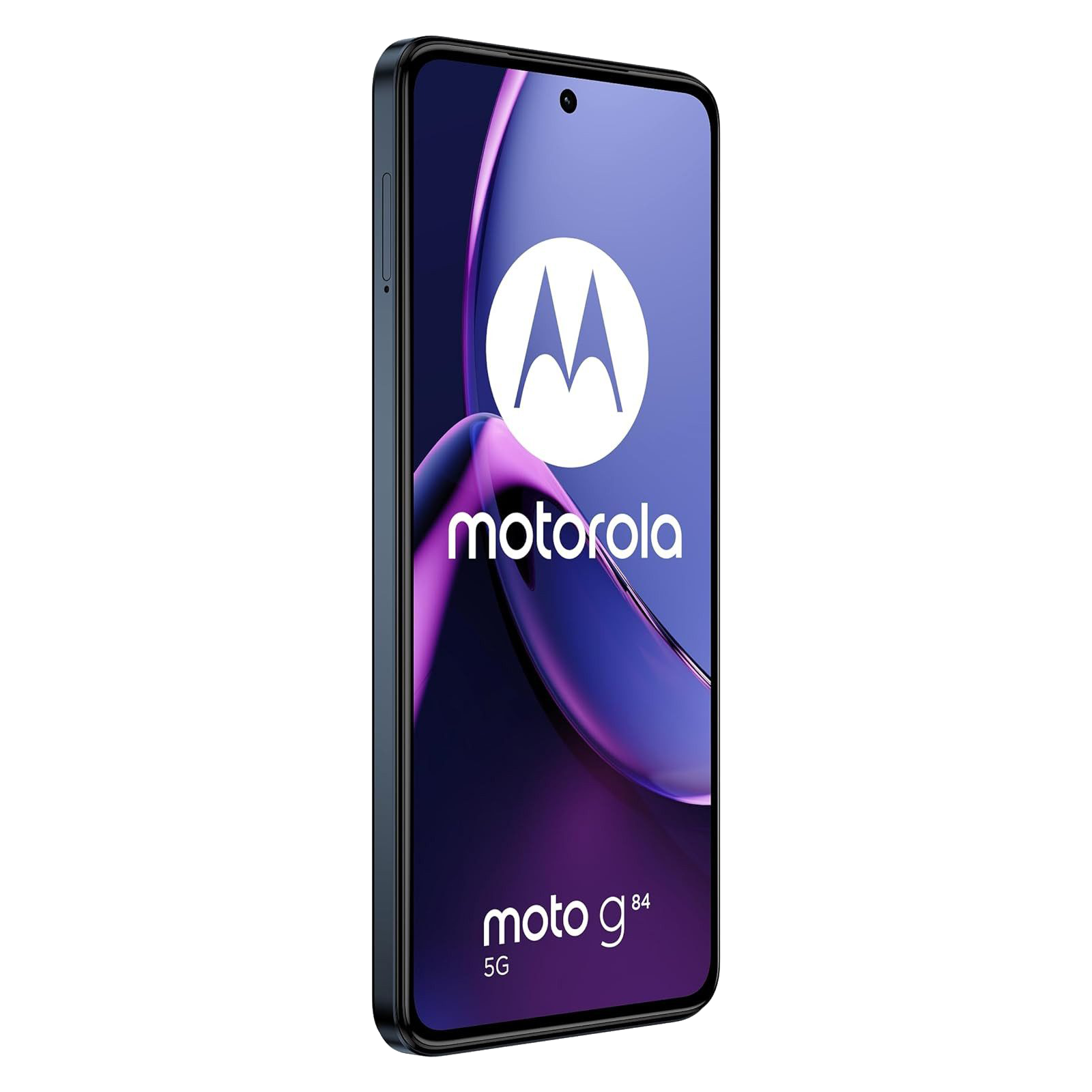 Uno smartphone Motorola G84 5G nero su sfondo nero con display viola.