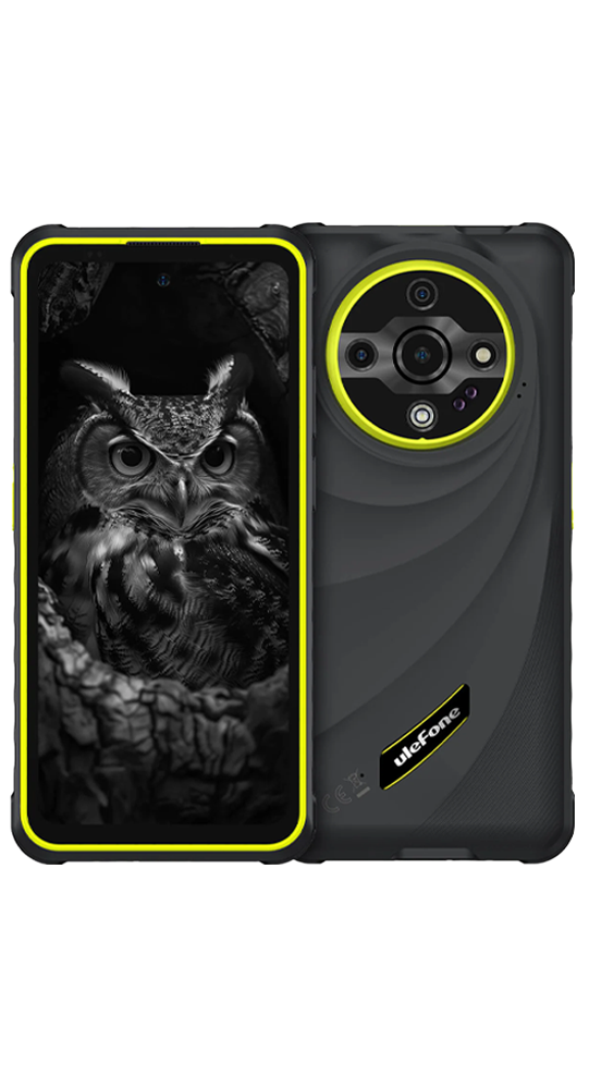 Smartphone resistente negro con borde amarillo, cámara circular y fondo de pantalla de búho.