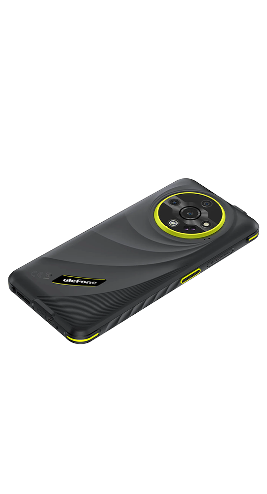 Un smartphone Ulefone negro con detalles amarillos sobre un fondo negro.