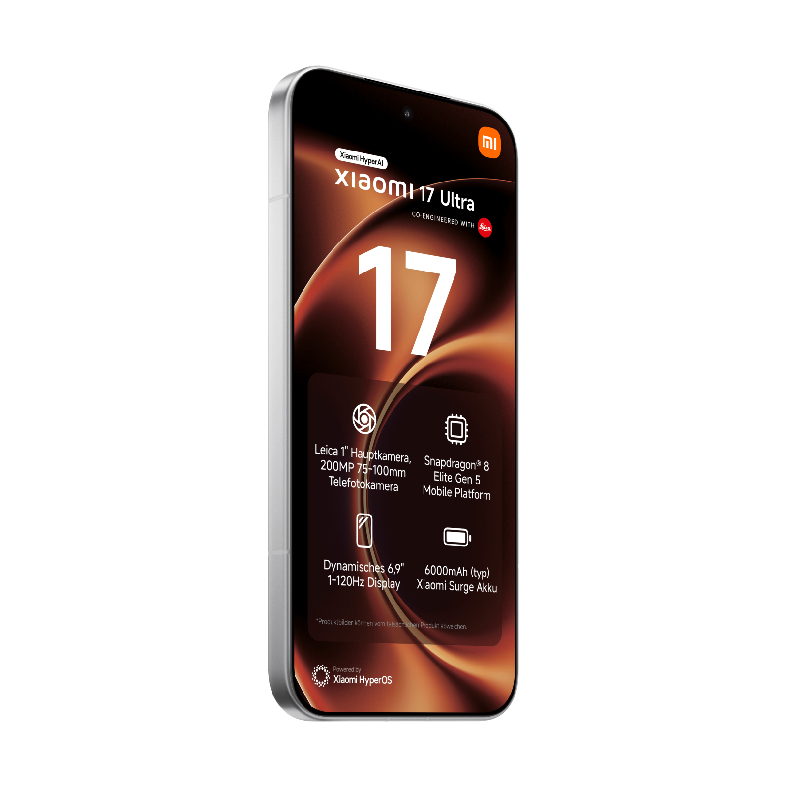 Smartphone mit silbernem Rahmen zeigt technischen Spezifikationen und 'Xiaomi 17 Ultra' auf dem Display.