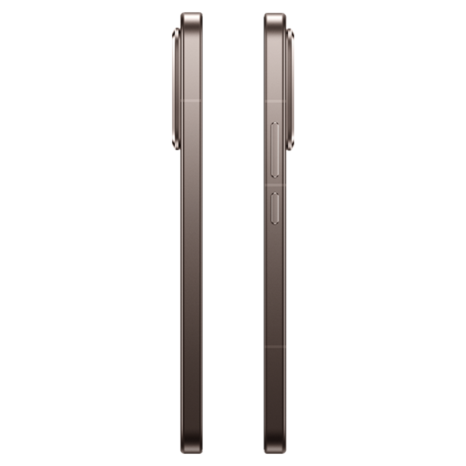 Zwei Seitenansichten eines bronze- oder graufarbenen Smartphones auf schwarzem Hintergrund.