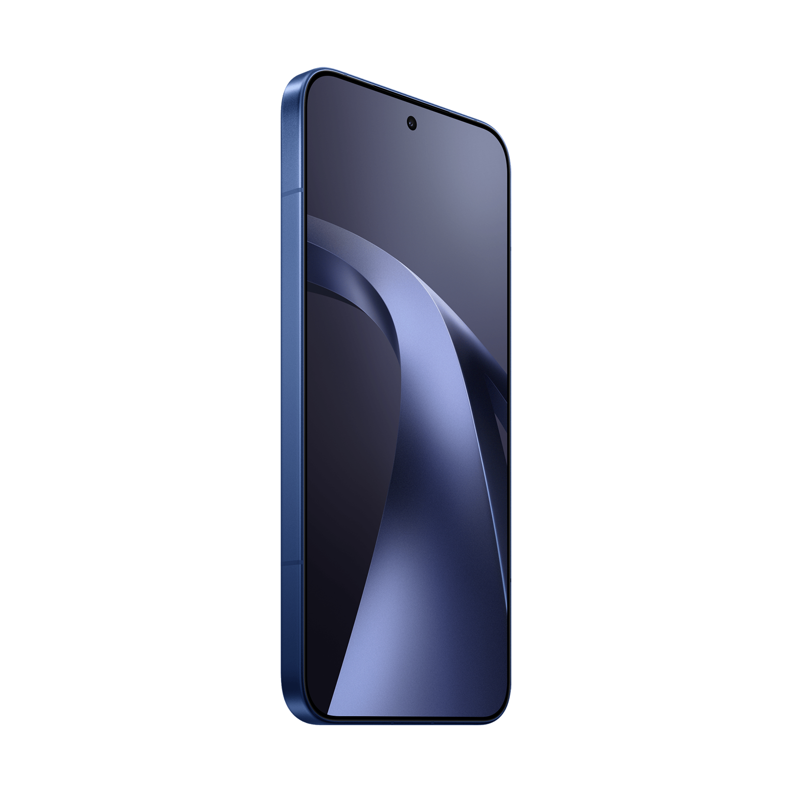 Ein blaues Smartphone mit schwarzem Hintergrund und abstraktem blauen Wogenmuster auf dem Bildschirm.