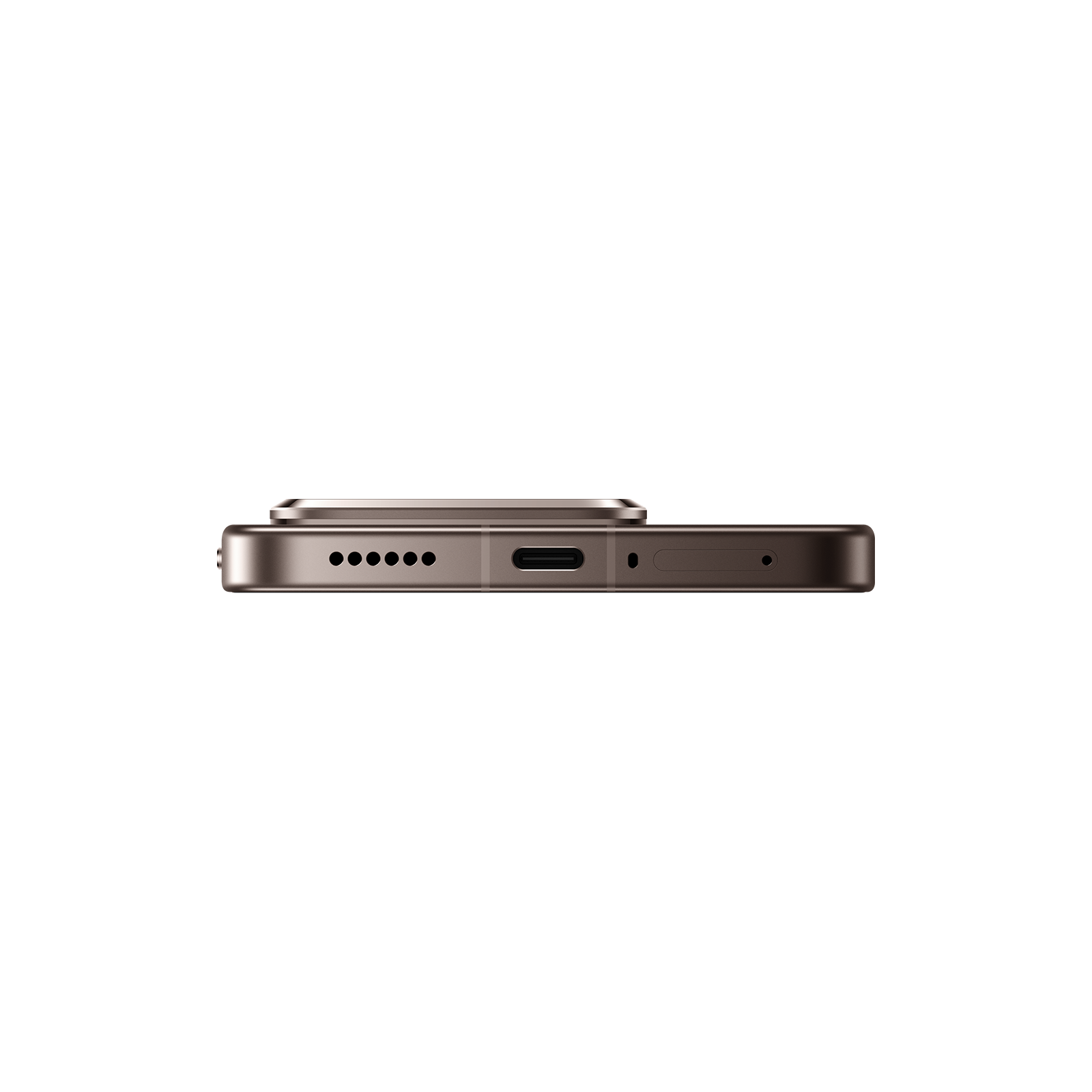 Ansicht der Unterseite eines Smartphones mit Lautsprecher, USB-C-Anschluss und SIM-Kartenfach vor schwarzem Hintergrund.