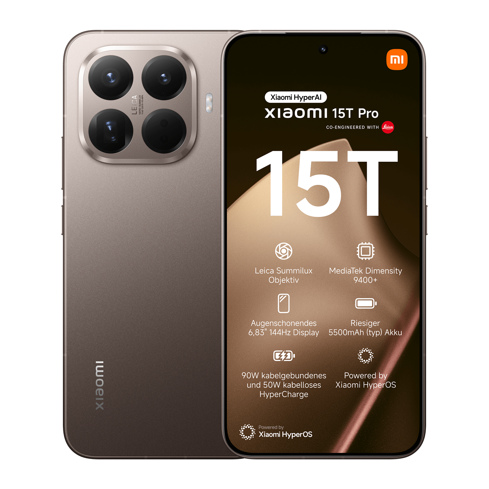 Xiaomi 15T Pro Smartphone in Titanoptik mit Vorder- und Rückseite auf schwarzem Grund.
