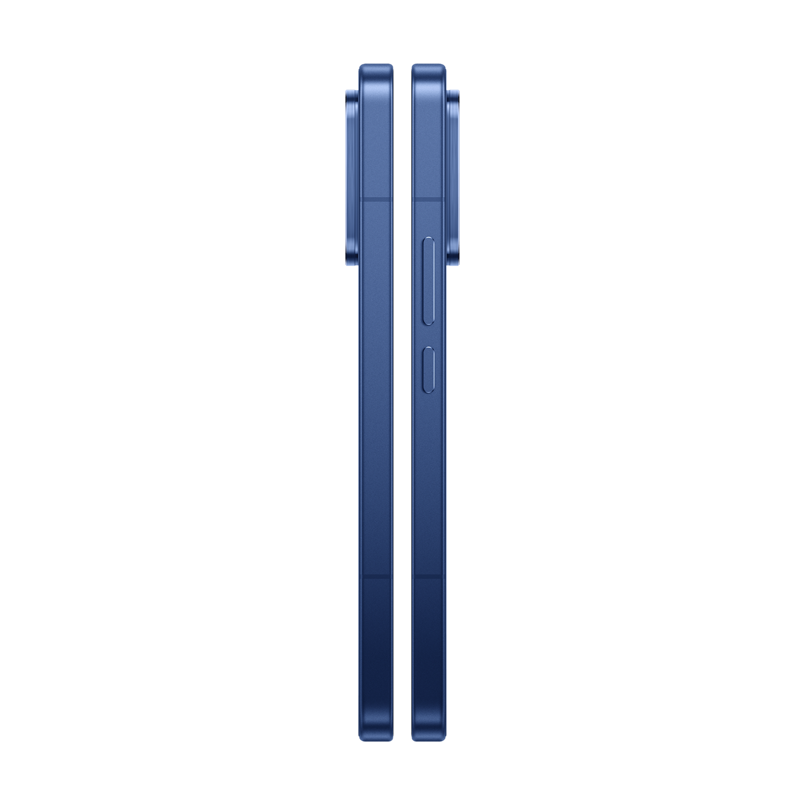 Zwei blaue Smartphones im Profil auf schwarzem Hintergrund, eines mit sichtbaren Tasten an der Seite.