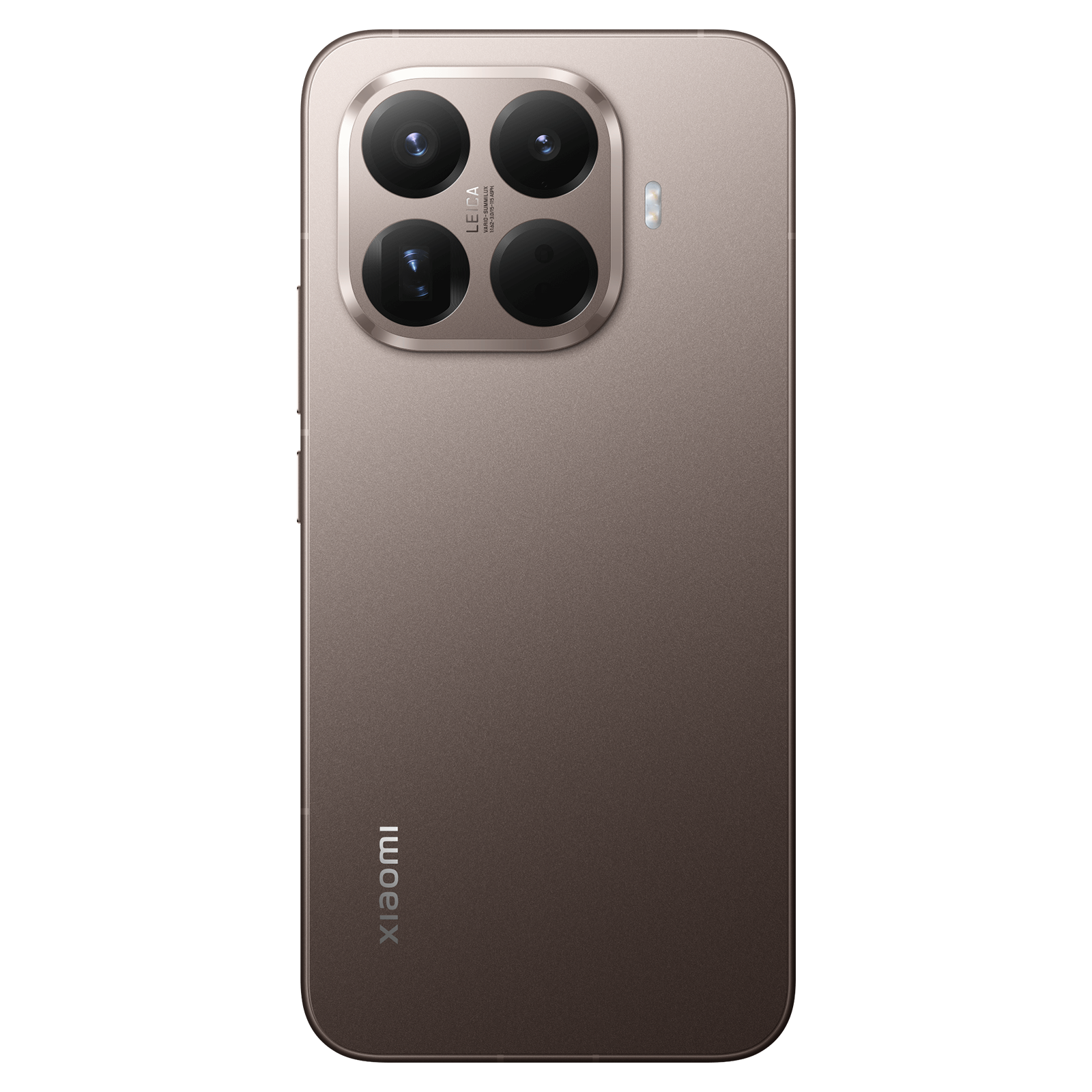 Rückseite eines bronzefarbenen Xiaomi-Smartphones mit vier Leica-Kameras und Firmenlogo.