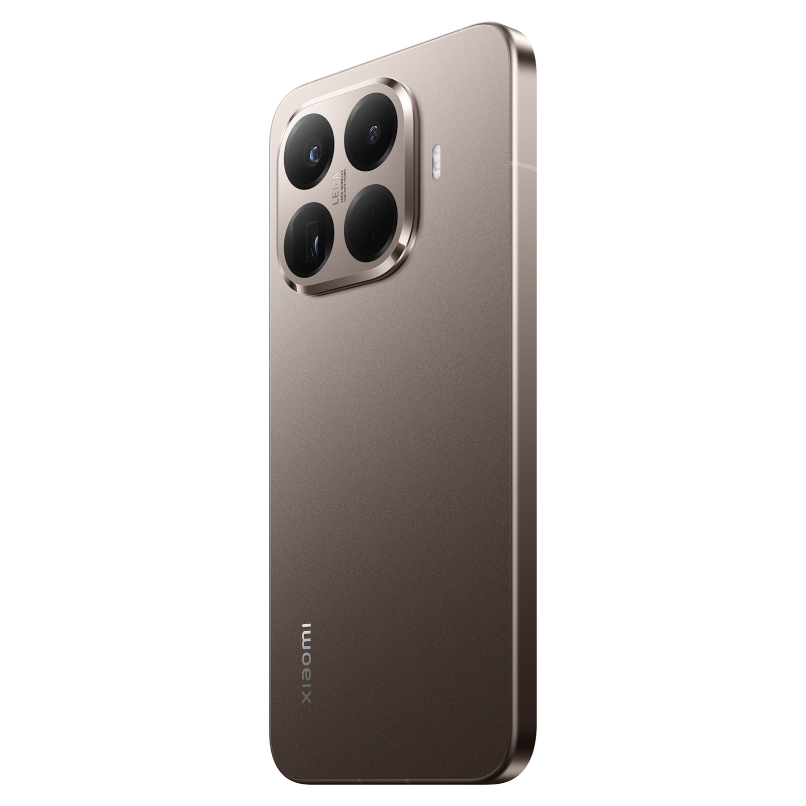 Rückseite eines bronzefarbenen Xiaomi-Smartphones mit vier Leica-Kameras auf schwarzem Hintergrund.