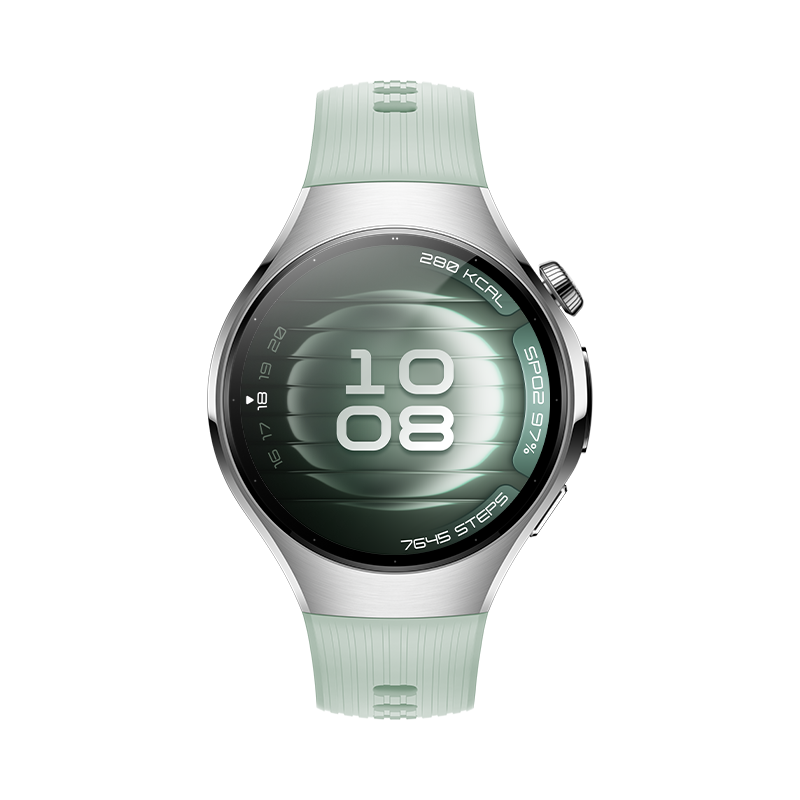 Silberne Smartwatch mit mintgrünem Armband und digitaler Anzeige, die die Uhrzeit 10:08 zeigt, vor schwarzem Hintergrund.