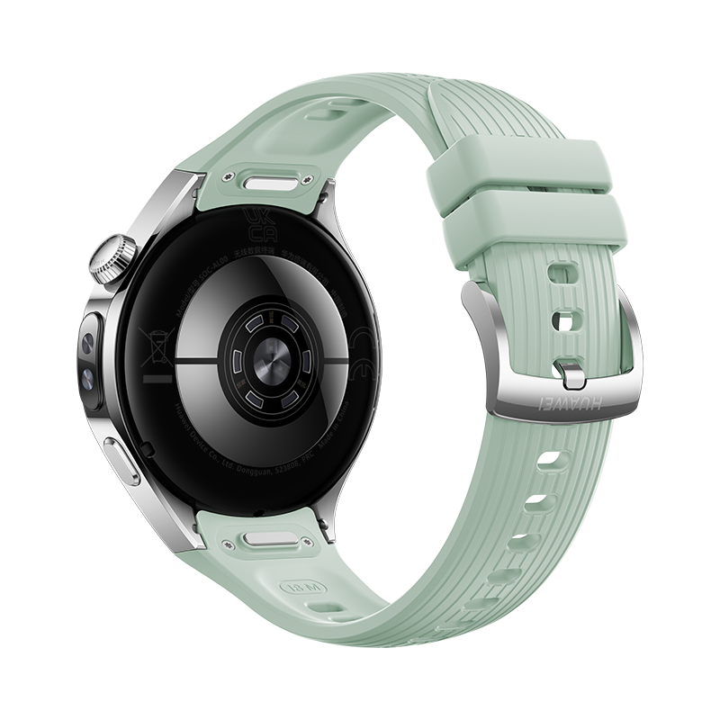 Rückseite einer Smartwatch mit silbernem Gehäuse und hellgrünem, geripptem Silikonarmband vor schwarzem Hintergrund.