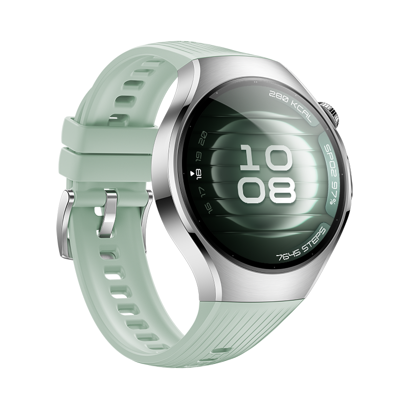 Eine silberne Smartwatch mit mintgrünem Silikonarmband und schwarzem Display auf schwarzem Hintergrund.