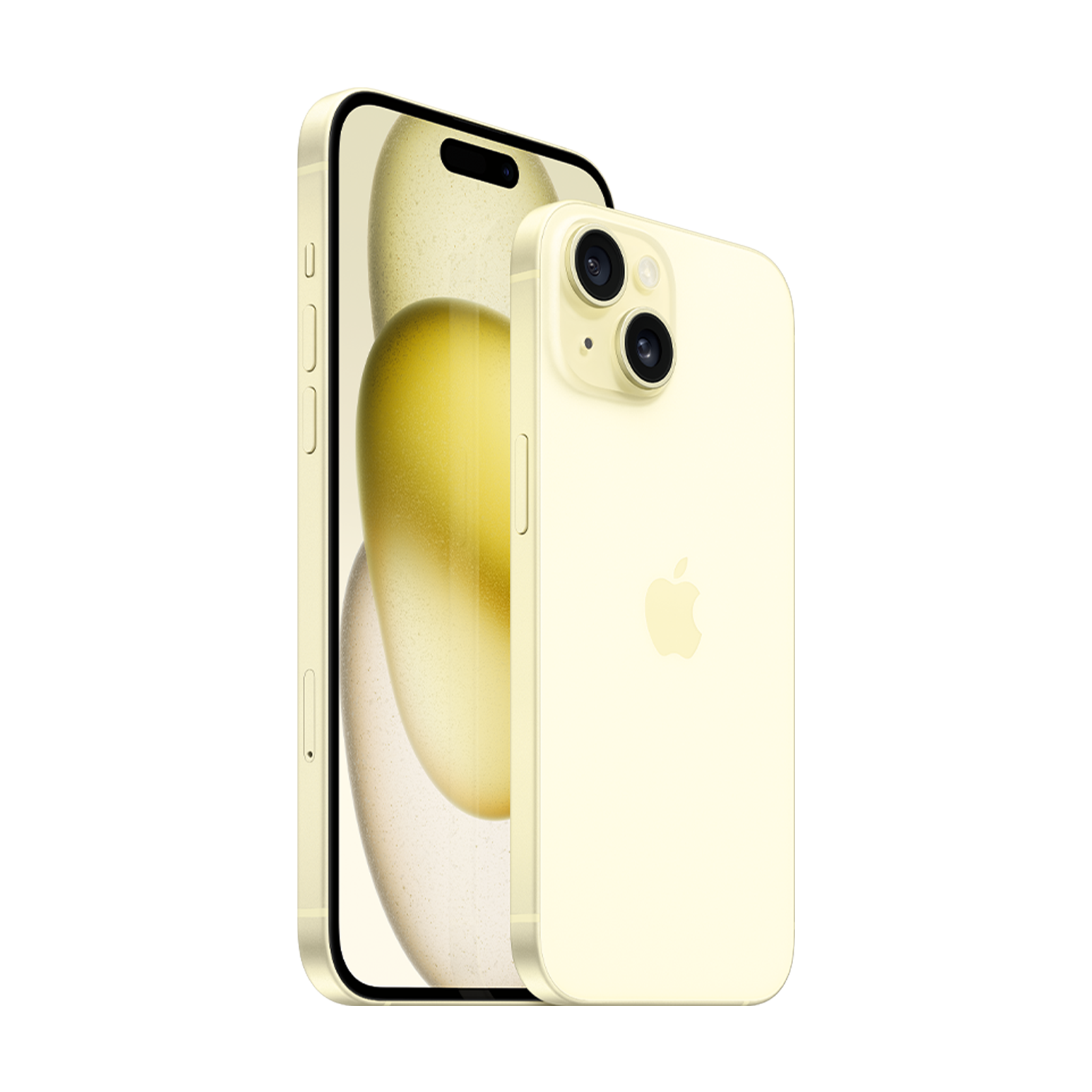 Zwei gelbe iPhones stehen auf schwarzem Hintergrund, eines zeigt den Bildschirm und das andere die Rückseite mit Kameras.