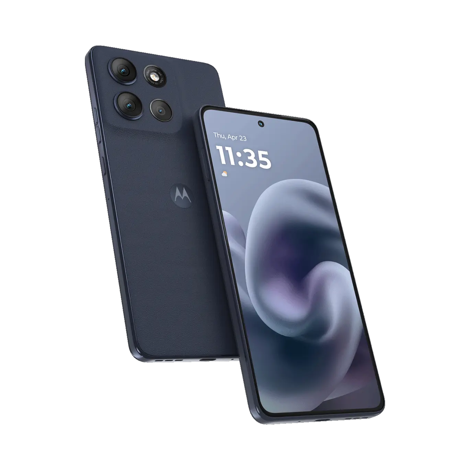 Zwei dunkelblaue Motorola-Smartphones auf schwarzem Hintergrund, eines zeigt den Bildschirm und das andere die Kamera.