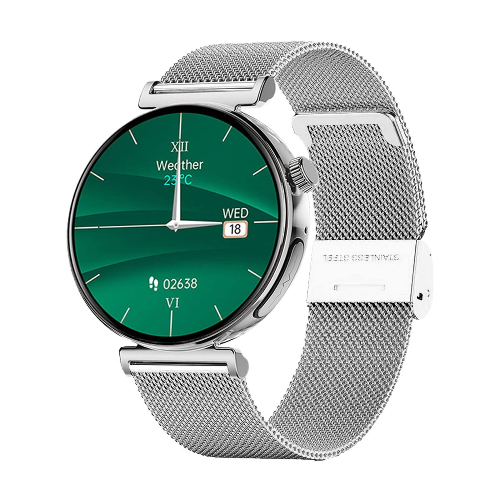 Silberne Smartwatch mit Metall-Mesh-Armband und grünem Zifferblatt auf schwarzem Hintergrund.