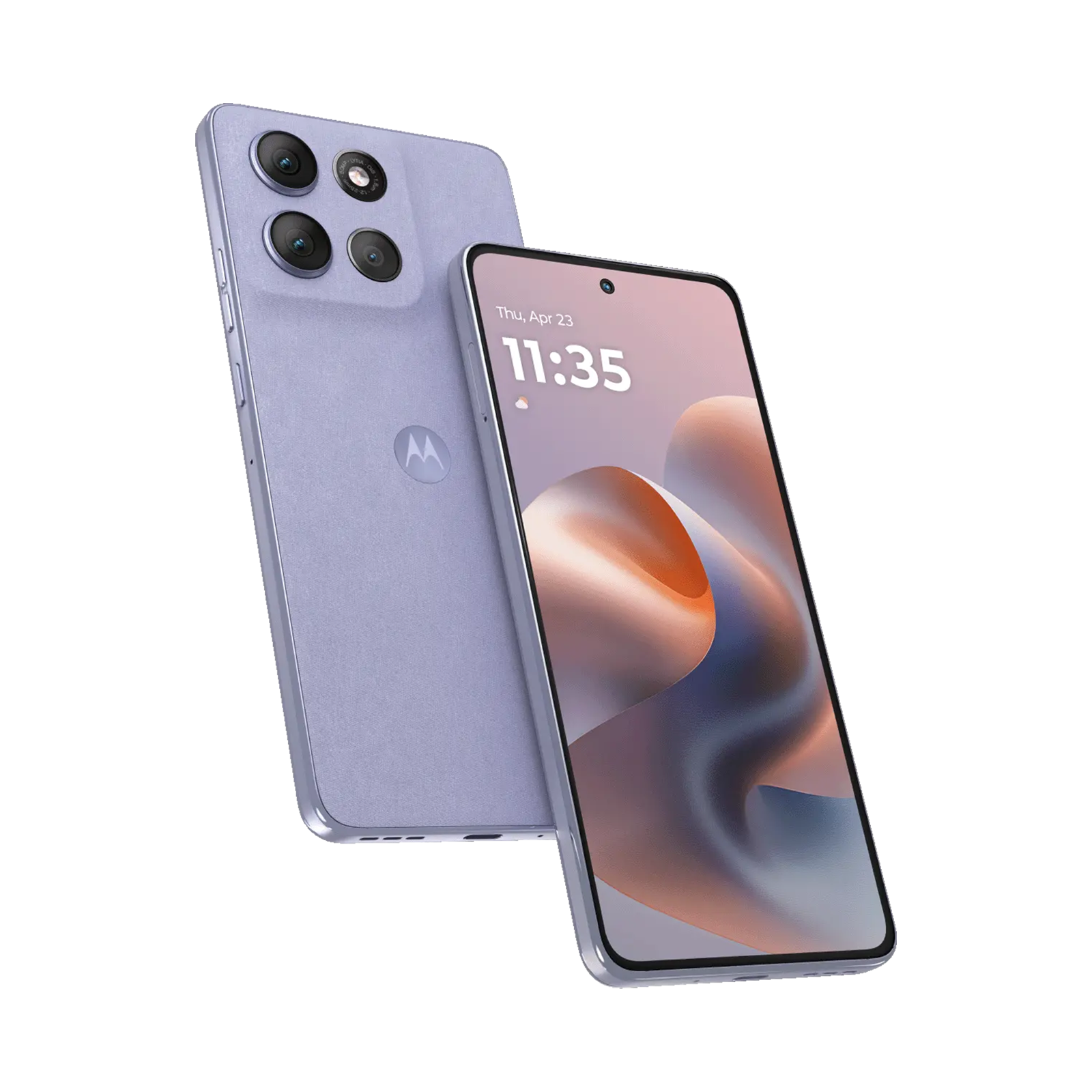 Ein hellviolettes Motorola-Smartphone mit Vierfach-Kamera auf der Rückseite und gebogenem Display vorne.
