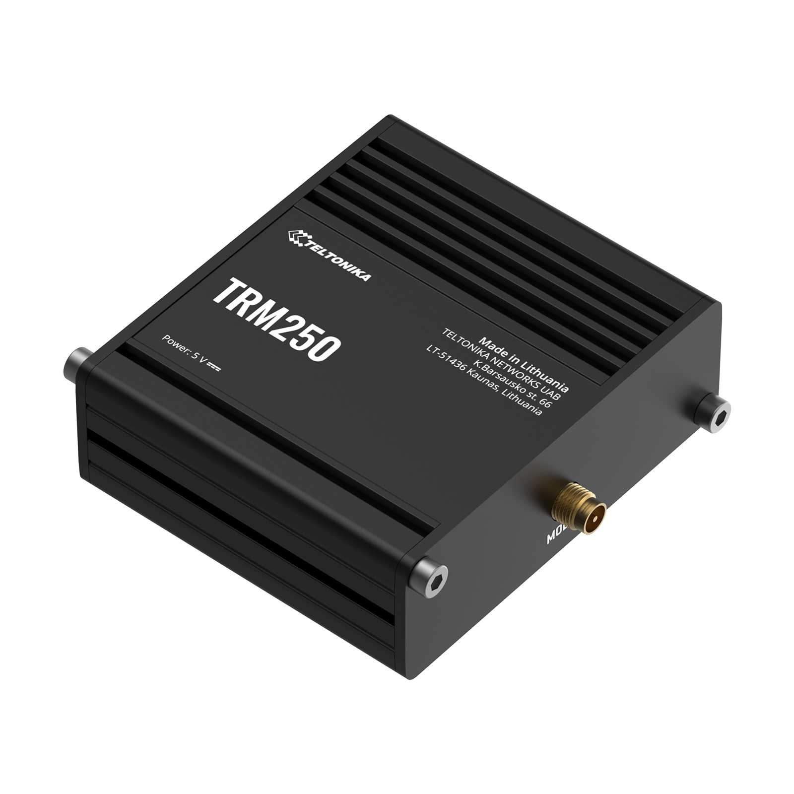 Schwarze Teltonika TRM250 Box mit Antennenanschluss auf schwarzem Grund.