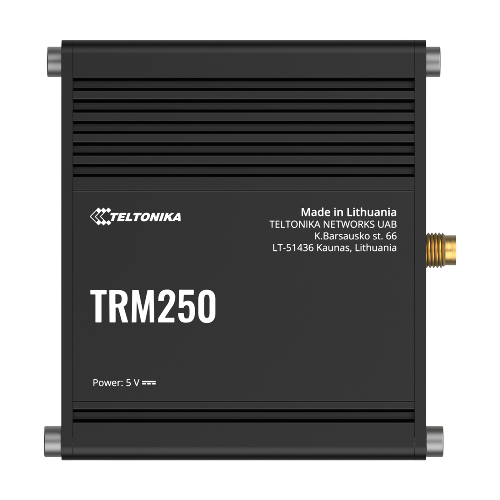 Ein schwarzes Teltonika TRM250-Gerät mit weißem Text, Branding und Antennenanschluss vor schwarzem Hintergrund.