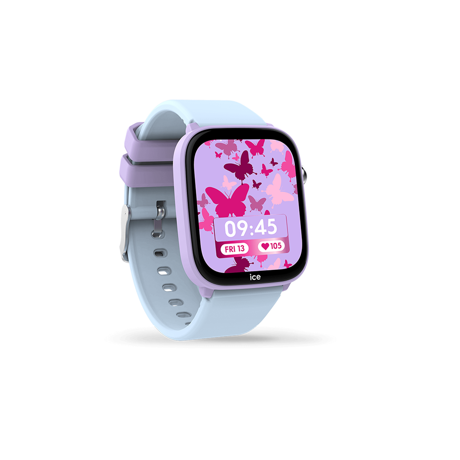 Eine hellblaue und lila Smartwatch mit einem Display, das rosa Schmetterlinge und die Uhrzeit 09:45 anzeigt.