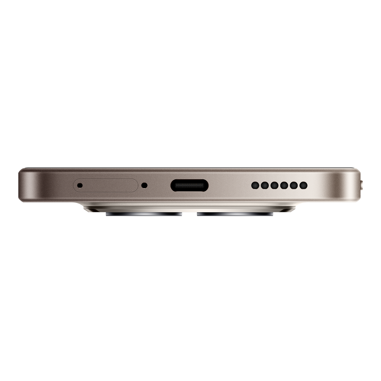 Unterkante eines Smartphones mit USB-C-Anschluss, Lautsprechergitter und SIM-Schacht vor schwarzem Hintergrund.