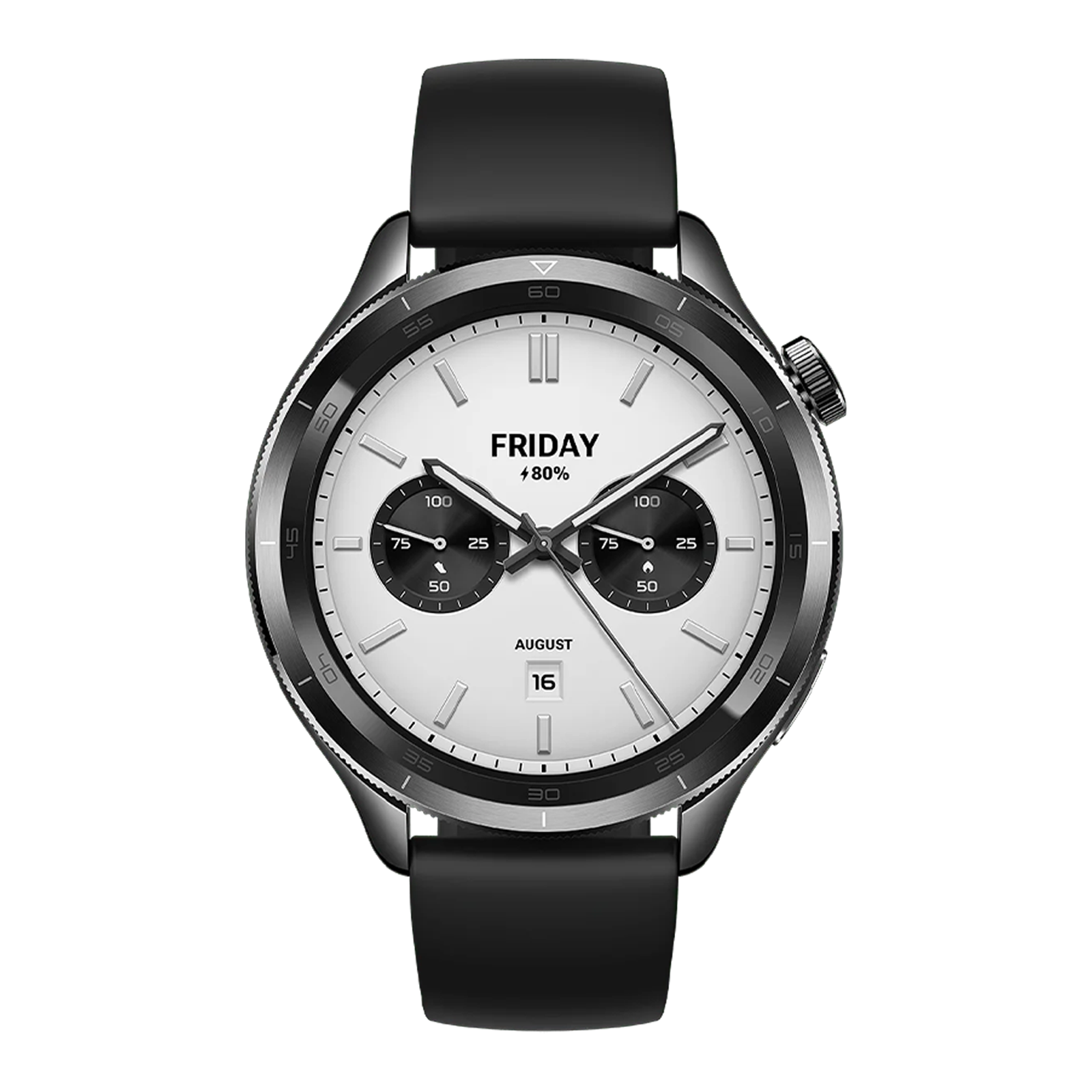 Un reloj inteligente negro y plateado con esfera blanca, dos subesferas, fechador y correa negra sobre fondo negro.
