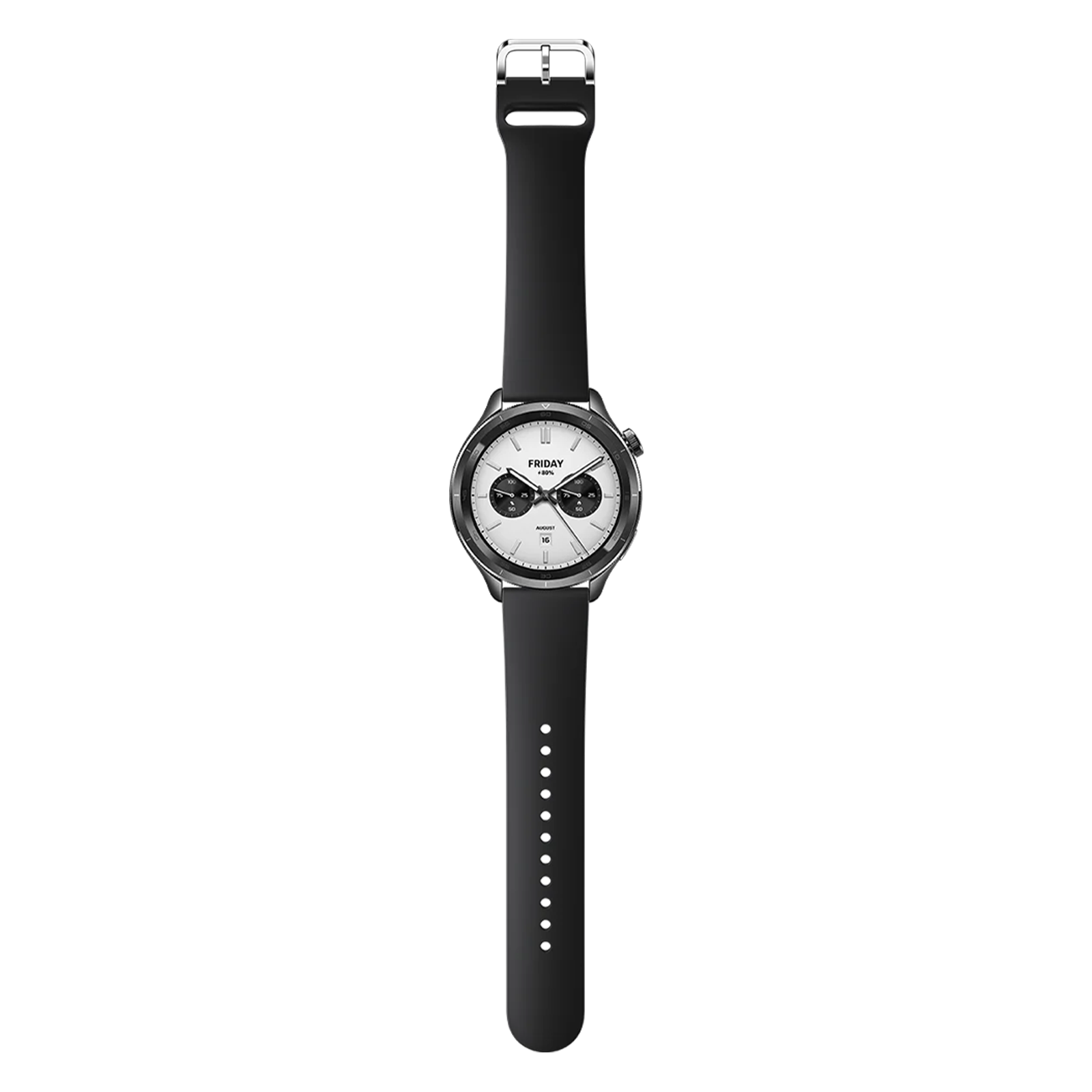 Un reloj inteligente negro con esfera blanca, dos subesferas negras pequeñas y una correa de silicona negra sobre fondo negro.