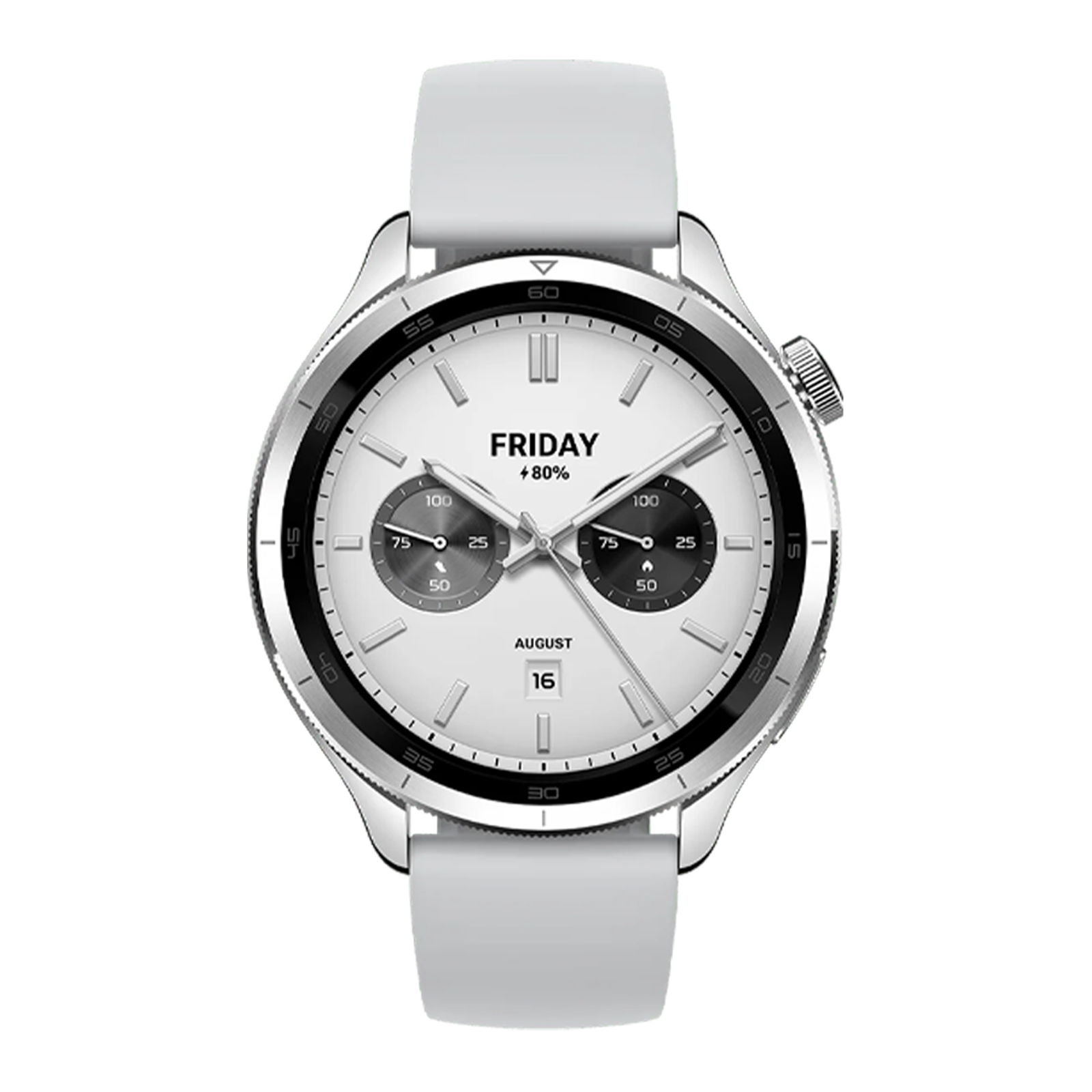 Srebrny smartwatch z białym cyferblatem i paskiem na czarnym tle.