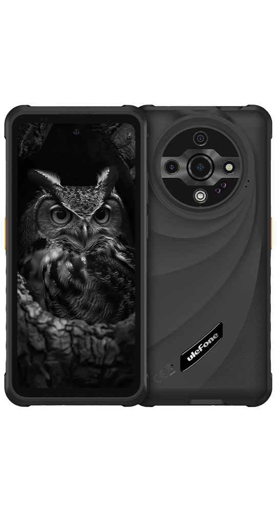 Ein schwarzes Ulefone Smartphone, das Vorder- und Rückseite mit runder Kamera und Eulen-Hintergrundbild zeigt.