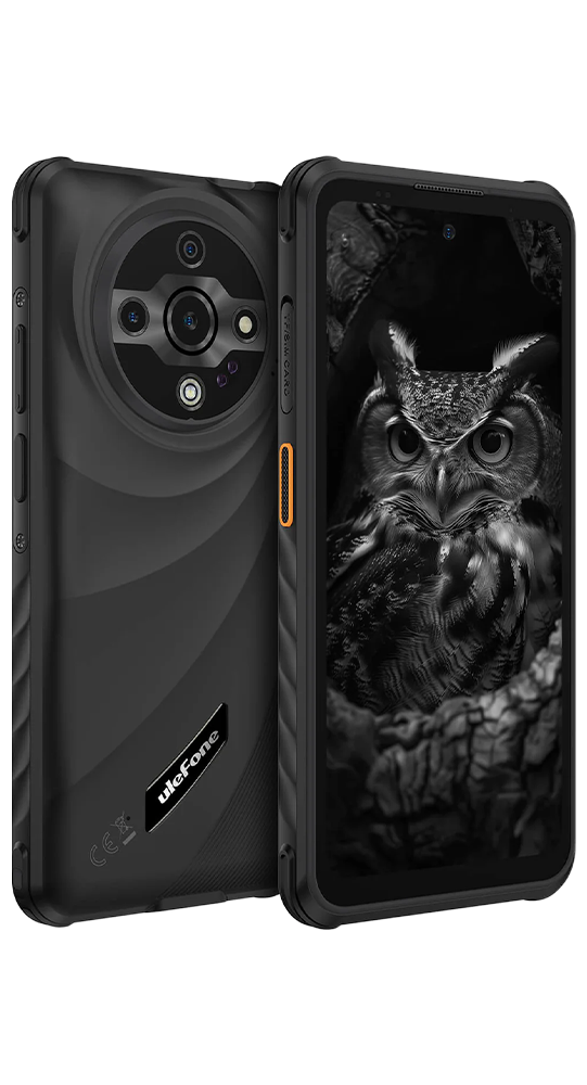 Schwarzes Ulefone-Smartphone, Vorder- und Rückseite gezeigt, mit einer Eule als Hintergrundbild.